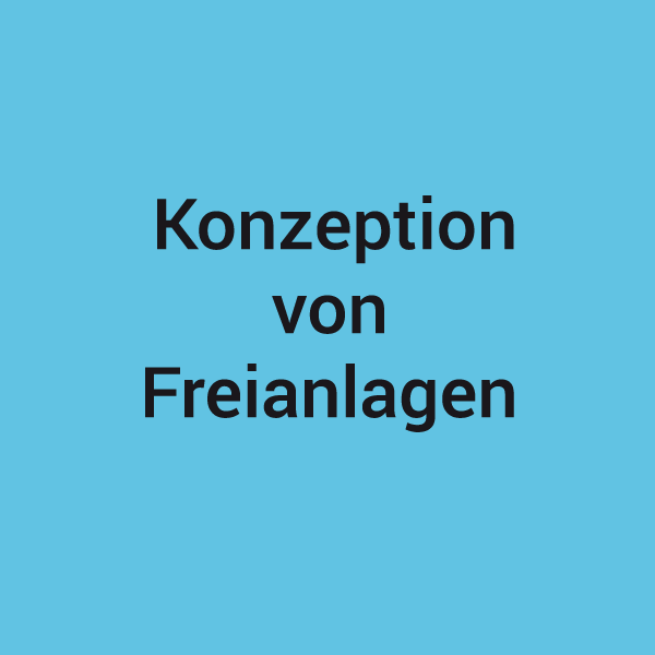 Blaue Kachel mit der Aufschrift Konzeption von Freianlangen, zugehörig zum Leistungsspektrum von KNAPPMANN ONE.