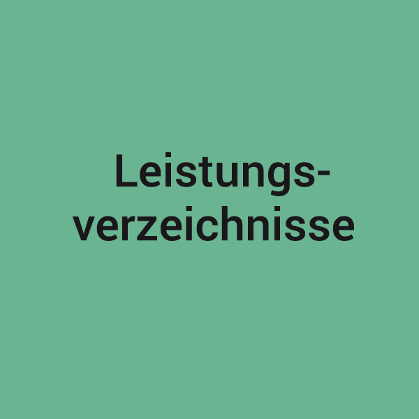 Grüne Kachel mit der Aufschrift Leistungsverzeichnisse zugehörig zum Leistungsspektrum von KNAPPMANN ONE.