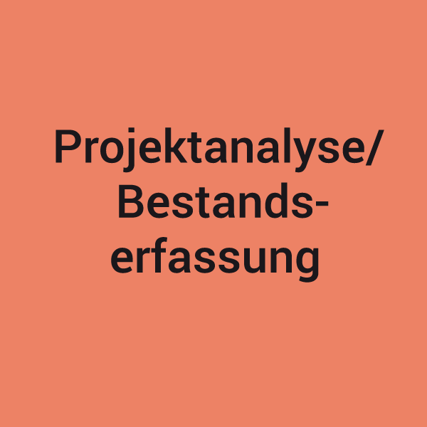 Orange Kachel mit der Aufschrift Projektanalyse und Bestandserfassung, zugehörig zum Leistungsspektrum von KNAPPMANN ONE.